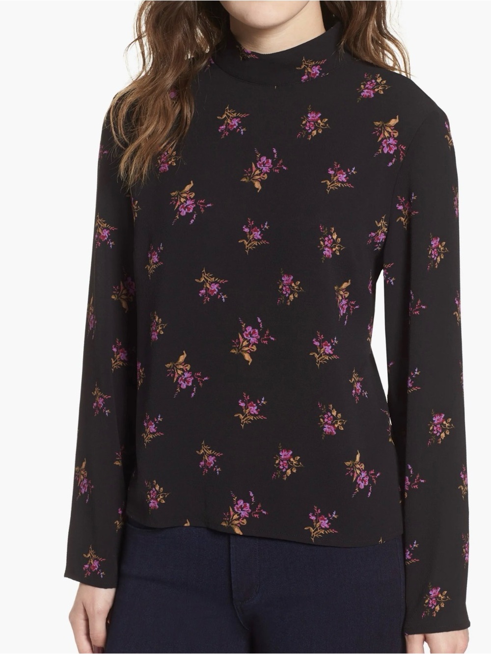 BP Black Purple Floral Mock Neck Blouse Top Size XS NWT